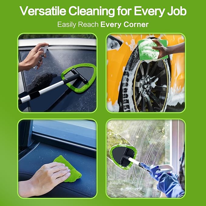 Windshield Cleaner Tool - Car Interior&Exterior Window Cleaning Kit with Extendable Handle & 4 Microfiber Pads and Thick Large Wash Sponge, Auto Glass Wiper Brush Kit for Cars Home (7pcs, Green)