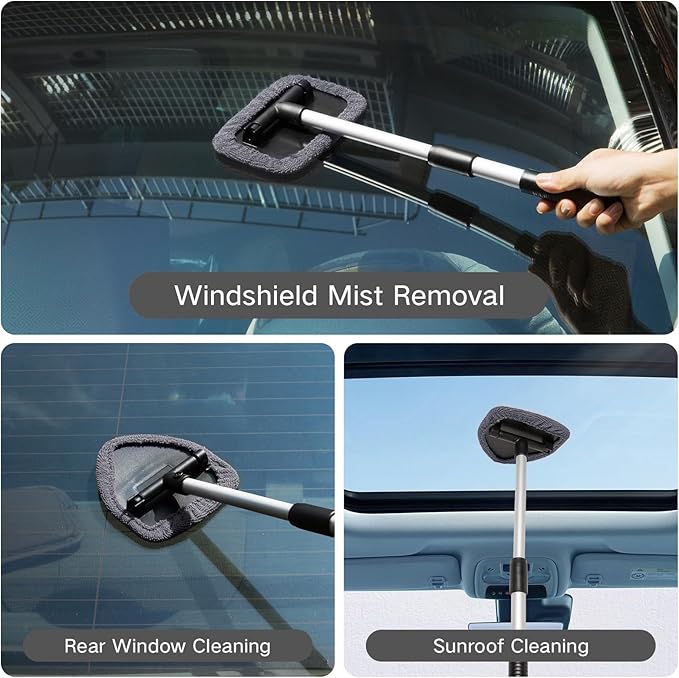 11pcs Windshield Cleaner Tool, Car Window Cleaning Wash Kit with 6 Reusable Microfiber Pads 2 Spray Bottles and Extendable Handles Auto Glass Wiper Kit, Gray