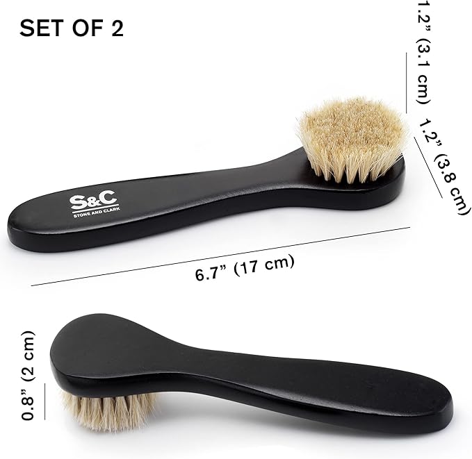 Premium Shoe Polish Brush Set - Horse Hair Brushes, Shoe Polish Applicator for Leather Footwear - Shoe Brushes for Cream & Polish - Made of White Horse Hair & Lotus Wood Handle