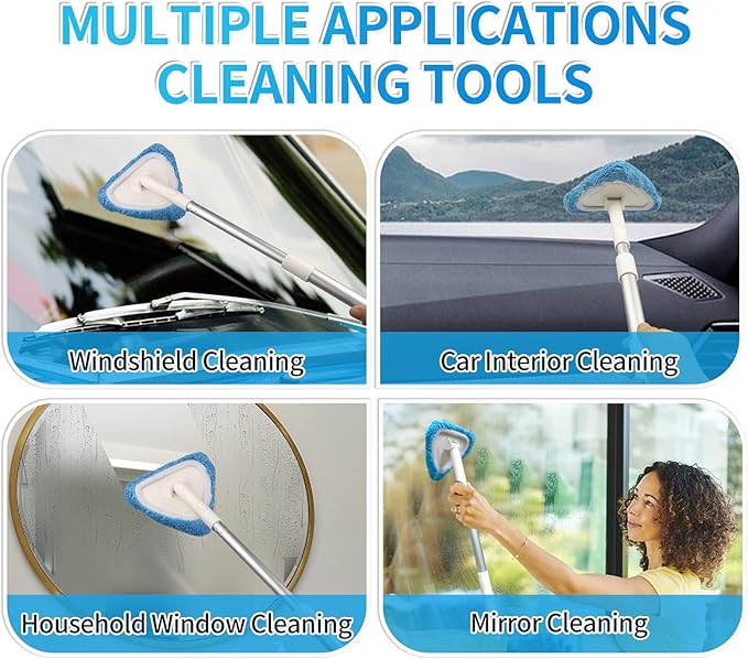 BITOPE Windshield Cleaning Tool, 26" Adjustable Handle, 3pcs Microfiber Pads, Ideal for Cleaning Inside Exterior SUVs, Trucks, RVs, Glass Mirror & More