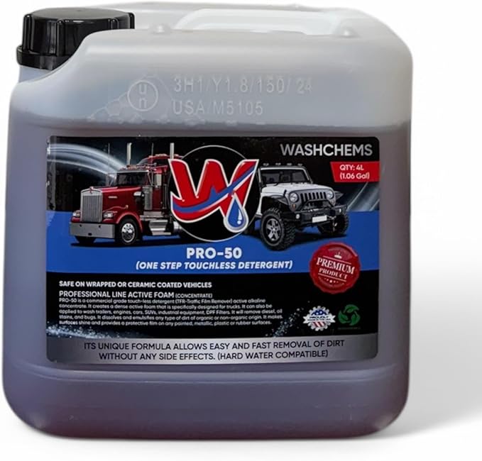 Wash Chems Pro 50 Touchless Car Wash Detergent Soap Concentrate No Brushing, Commercial Grade Professional Auto Foam Cleaner Also Great for Trucks & Tractors