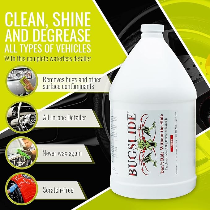 BugSlide 2.5 Gallon Cleaner Refill for Spray Bottles & Travel Kits - All Surfaces Cleaning and Detailing Solution for Vehicle Interior and Exterior Use - Shines, Degreases, Polishes