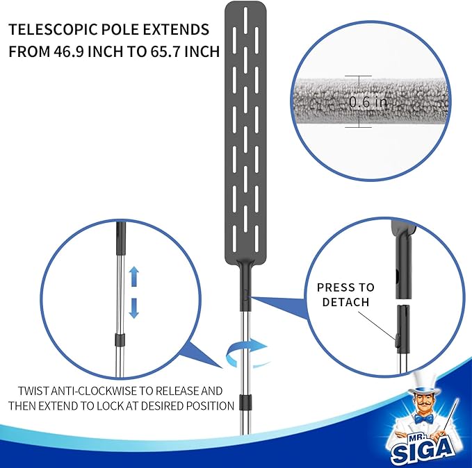 MR.SIGA Flexible Microfiber Long Duster for Gap Cleaning, Stainless Steel Adjustable Handle, Washable Gap Cleaning Duster Gray
