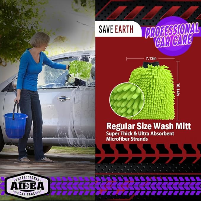 AIDEA Car Wash Mitt Microfiber, 2PK Scratch Free Lint-Free, Premium Chenille Microfiber Mitt Car Wash Brush, Green, Regular Size 7.12''X10.14''