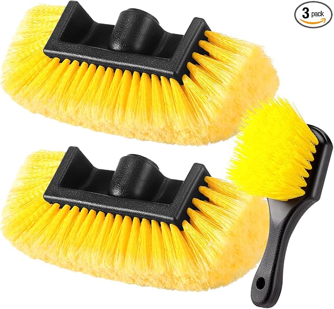 Vesici 2 Pcs 10 Inch Car Wash Brush Head with Soft Detailing Bristle Flow Through Car Cleaning Brush with 1 Pcs Stiff Bristle Wheel Brushes for Car Motorboat Rv Facades of Houses Wheel Carpet (Yellow)