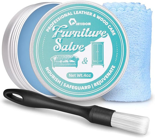 Furniture Salve for Leather - 4oz Professional Furniture Restorer, Polisher & Moisturizer for Couches, Chairs, Tables - Conditioner for Leather, Vinyl & Wood Surfaces - with Brush & Towel