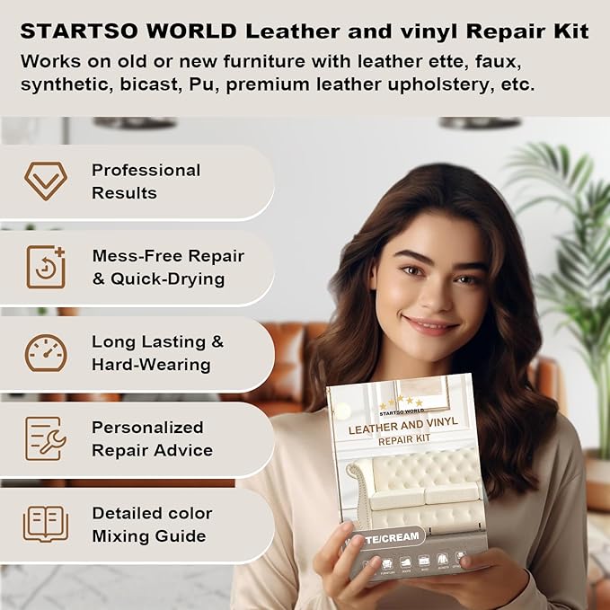 STARTSO WORLD Cream Leather Repair Kit for Furniture, Leather & Vinyl Repair kit for Car Interior, Couches, Car Seat, Jacket, Sofa, Boat or and Purse, Restores Faux, Artificial, Genuine Pleather