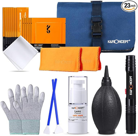 K&F CONCEPT Professional Lens Cleaning Kit for DSLR & Mirrorless Cameras with APS-C/Full-Frame Sensor Cleaning Swabs/Lens Cleaner/Gloves/Camera Blower/Lens Pen Brush/Microfiber Cloths/Carrying Case