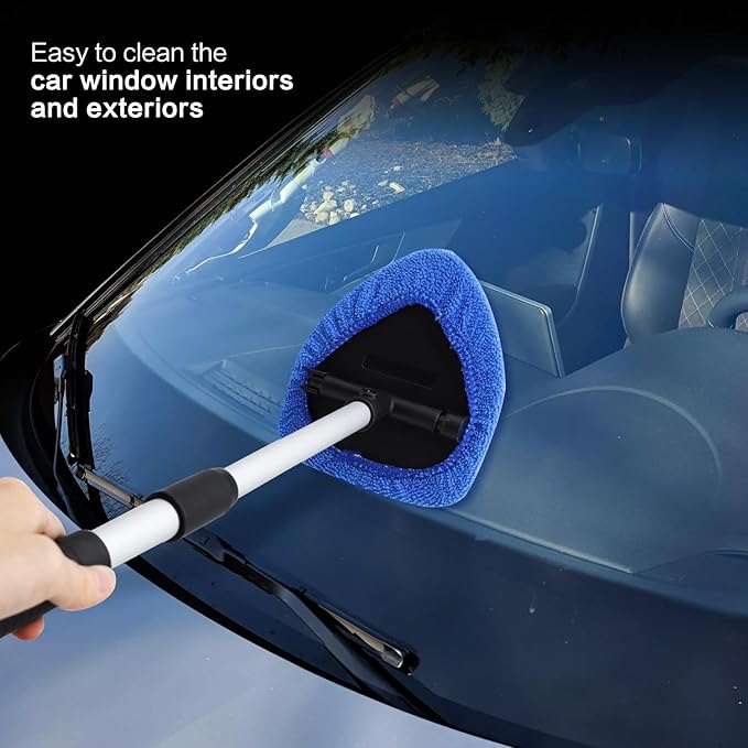 Windshield Cleaner Tool - Car Interior&Exterior Window Cleaning Kit with Extendable Handle & 4 Microfiber Pads and Thick Large Wash Sponge, Auto Glass Wiper Brush Kit for Cars Home (7pcs, Blue)