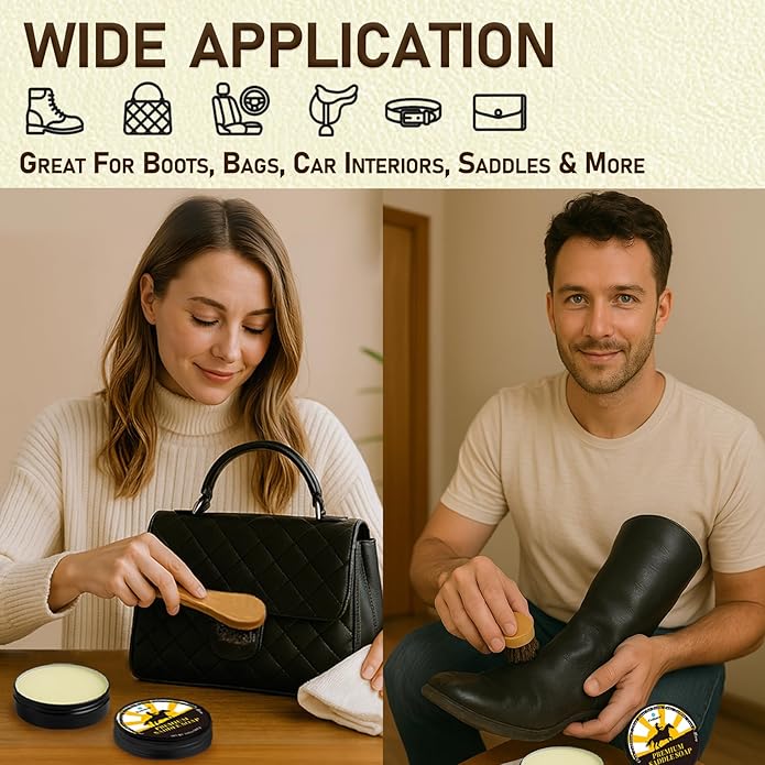 Saddle Soap for Leather – All-Natural 3-in-1 Leather Cleaner & Conditioner Kit with Horsehair Brush & Cloth – For Boots, Bags, Saddles, Car Interiors, Shoes 3.52oz