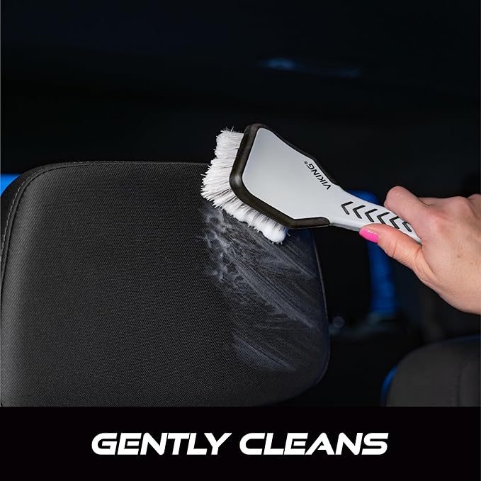 VIKING Upholstery Cleaner Scrub Brush, Cleaning Brush for Seat Covers and Car Detail Kit, Grey with White Bristles, 9.3 x 2.5 x 2.5 inch