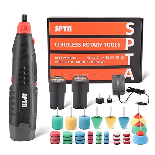 Cordless Rotary Tool, SPTA Powerful Mini Detail Polisher Kit, 36Pcs 12V Li-ion Battery 5,000-25,000 RPM Micro Auto Detailing Car Polisher Polishing Foam Pad Set for Buffing Polishing Sanding Cleaning