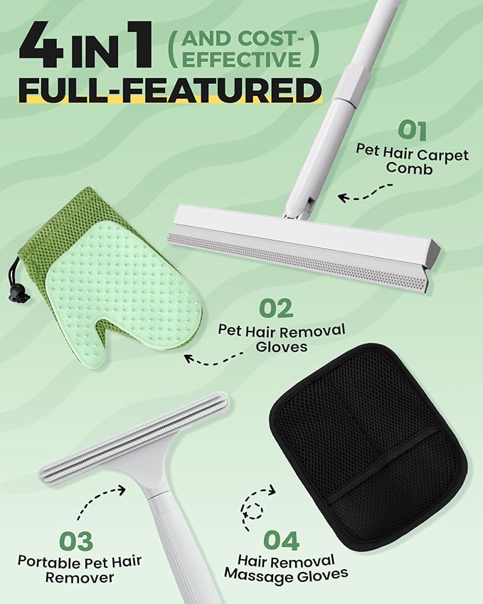Carpet Rake for Pet Hair Removal Tool - 4 in 1 Pet Hair Remover Kit for Dog Cat Fur Remover, Contain 60" Adjustable Rubber Broom, Glove, Magic Brush and Scraper for Home Furniture, Rugs, Mats
