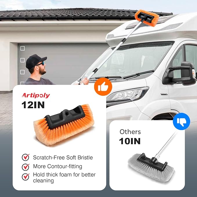 12" Car Wash Brush with Soft Bristle + 10" 2 in 1 Windshield Cleaner Squeegee, Ideal Combination for RV Truck Boat Camper Heavy Duty Tri-Level Dip Wash Brush Car Exterior Washing