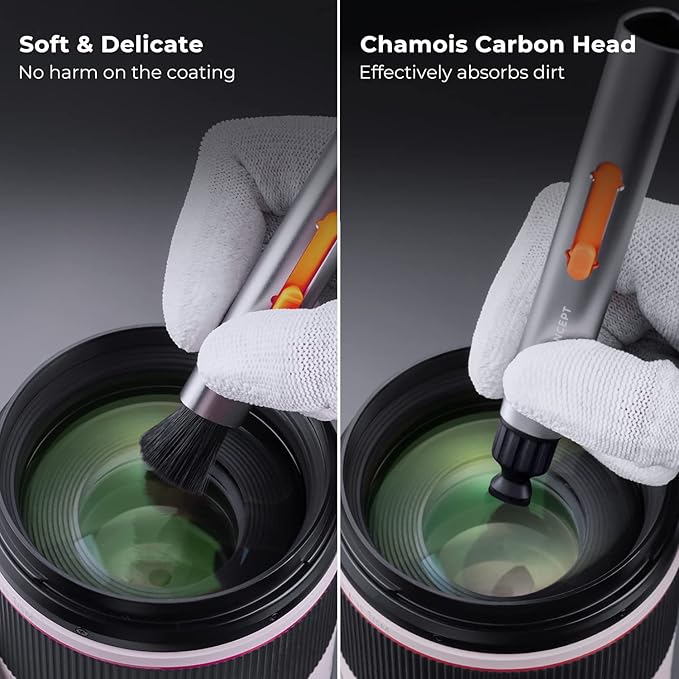 K&F CONCEPT Camera Cleaning Kit, 6 in 1 with Vacuum Cloth*2, Replaceable Cleaning Pen, Full Frame Cleaning Wand*2, Silicone Black Air Blow Compatible with Canon Nikon Cameras Cleaning Tool Accessories