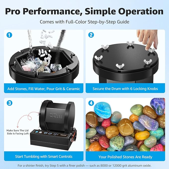 Extra Large 22LB Capacity Professional Rock Tumbler with Brushless Motor & Metal Base – Heavy-Duty Stone Polisher for Adults, Long-Term Use, Workshops & Serious Collectors