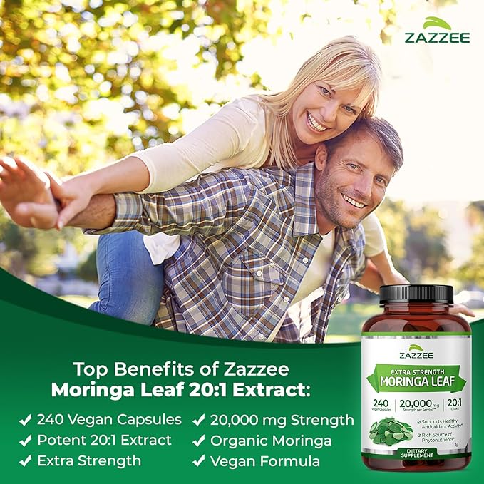 Zazzee Organic Moringa 20:1 Extract, 240 Vegan Capsules, 20,000 mg Strength, 100% Pure Oleifera Leaf Superfood, Concentrated and Standardized 20X Extract, All-Natural, Non-GMO, Made in The USA