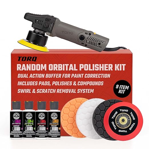 Chemical Guys TORQX Random Orbital Polisher, Pads, Polishes, and Compounds Kit - Car Polishing Kit Safe for Trucks, SUVs, Motorcycles, and More, 700W Motor, 8mm Orbit, 9-Piece Set