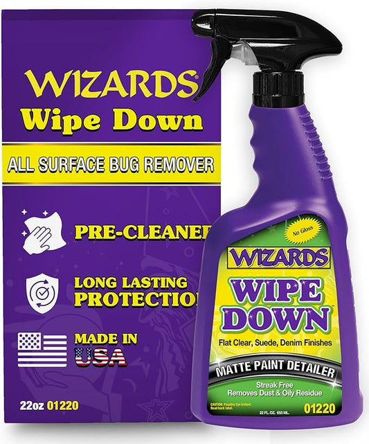 Wizards - Wipe Down Quick Detailer Spray - Matte Finish Cleaning Solution - Effortless On-The-Go Detailing for Flat, Suede, and Denim Surfaces - Professional Auto and Motorcycle Care Essential - 22 Oz