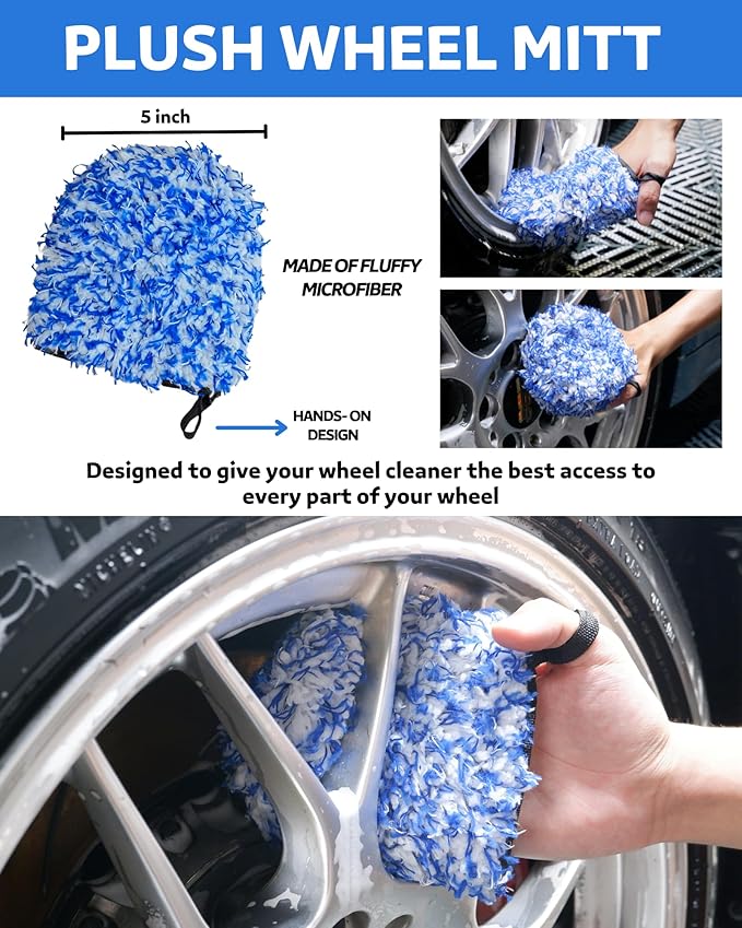 Car Wheel Cleaning Kit: Wheel and Rim Flagged Tip Brush, Bendable Barrel Brush, Wheelie Mitt, Scratch-Free Detail Brush for Rims & Tires - Durable & Multipurpose Clean Wheel Hard to Reach Areas
