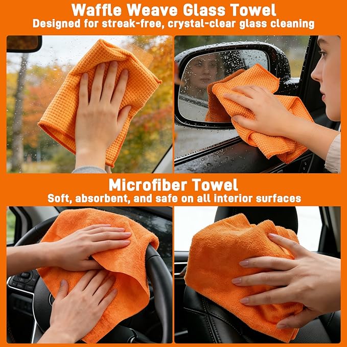 XINDELL Extendable Windshield Cleaner Tool Kit for Car, Interior & Exterior Window Cleaning with Pivot Head, Car Cleaning Microfiber Towels Kit with 3 Reusable Pads, Spray Bottle & 3 Towels (Orange)