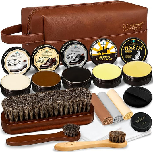 16-in-1 Shoe Polish Kit – Black/Brown/Neutral Shoe Wax, Saddle Soap & Mink Oil (5×2.1oz) – 3 Horsehair Brushes – Leather Shoe Shine & Care Kit in Luxury Leather Bag – Gift for Men & Women