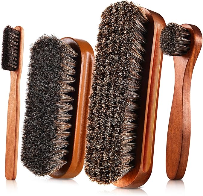 4 Pcs Horsehair Shine Shoes Brush Kit Polish Dauber Applicators Cleaning Leather Shoes Boots Care Brushes Suede Cleaner Brush with Microfiber Shoe Cloth(Brown Style A)