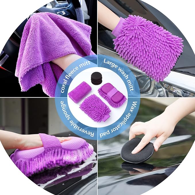 AUTODECO 22Pcs Car Wash Cleaning Tools Kit Car Detailing Set with Canvas Bag Purple Collapsible Bucket Wash Mitt Sponge Towels Tire Brush Window Scraper Duster Complete Interior Car Care Kit