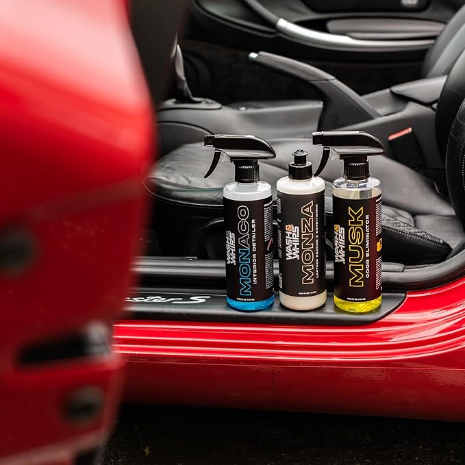 WASH&WHIPS CLEAN - Interior Car Wash Kit (Step 2) – Monaco Interior Cleaner, Musk Odor Eliminator, Monza Leather Conditioner – All-Purpose, Safe for All Surfaces, Effective for a Luxurious Finish