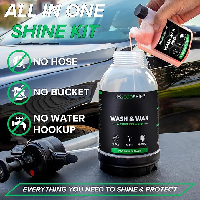 Waterless Car Wash Kit | Super Concentrated Rinseless Car Wash And Wax Formula With Non Foaming Detail Sprayer For Fast Car Detailing | Makes 16 Gal Of Ready To Use Waterless Wash And Wax