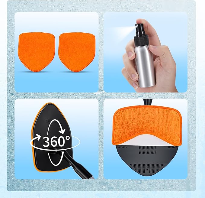 XINDELL Windshield Cleaner Tool, Car Interior Glass Cleaning Kit with 360° Rotating Head Extendable Handle, Reusable Microfiber Pads, Auto Detailing Windshield Cleaning Tool for Cars Trucks -Orange