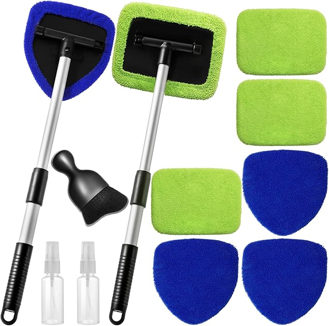 11pcs Windshield Cleaner Tool, Car Window Cleaning Wash Kit with 6 Reusable Microfiber Pads 2 Spray Bottles and Extendable Handles Auto Glass Wiper Kit, Blue & Green