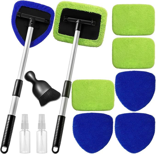 11pcs Windshield Cleaner Tool, Car Window Cleaning Wash Kit with 6 Reusable Microfiber Pads 2 Spray Bottles and Extendable Handles Auto Glass Wiper Kit, Blue & Green