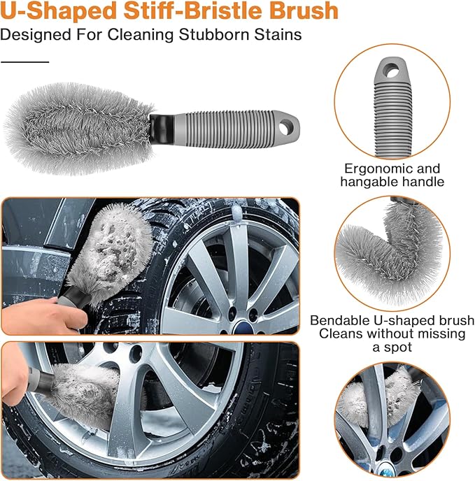 Preciva 5PCS Car Wheel & Tire Brush Kit -Car Cleaning Kit, Wheel Cleaner Brush, Soft-bristled Rim Brush, Car Drying Towel, Car Detailing Cleaning Wash Brush Supplies Kit for Interior Exterior Wheels