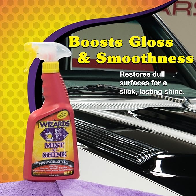 Wizards Mist-N-Shine Detail Spray - 22 Oz - Multi-Purpose High Gloss Finish Waterless Quick Detailer Spray for Glass, Chrome, Paint and Plastics - Car Exterior Cleaner for Auto Detailing Supplies
