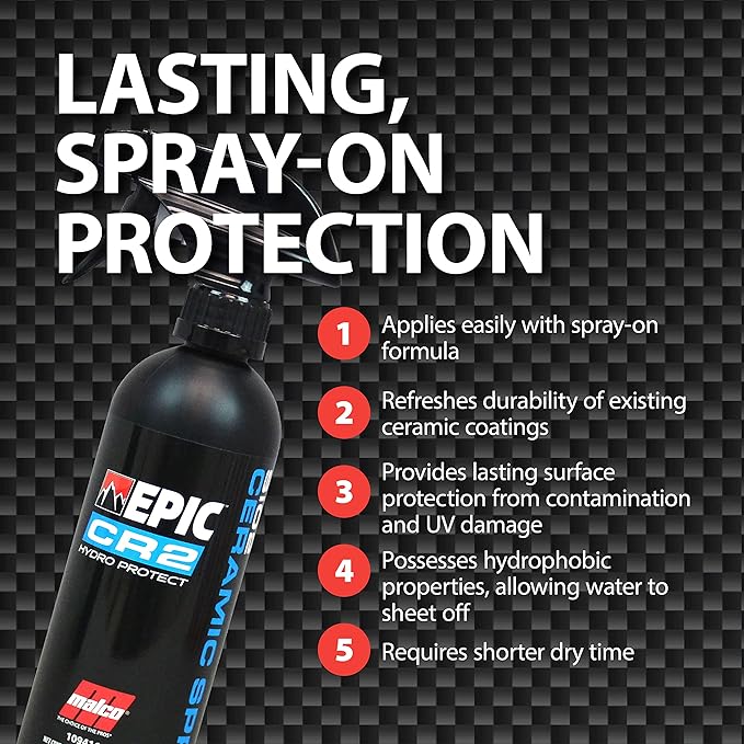 Malco EPIC CR2 Hydro Protect Ceramic Spray – Rejuvenates and Protects Vehicle Exterior Finishes/Shine, Protect, and Beautify Your Vehicle/Deep Hydrophobic Shine on All Types of Surfaces/16oz (109416)
