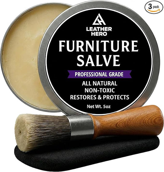 3-in-1 Furniture Salve for Leather & Wood – Polisher, Conditioner, & Restorer for Couches and Furniture- Leather Repair Salve with Brush & Buffing Pad- 5oz