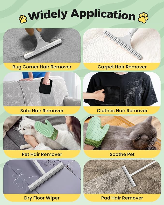Carpet Rake for Pet Hair Removal Tool - 4 in 1 Pet Hair Remover Kit for Dog Cat Fur Remover, Contain 60" Adjustable Rubber Broom, Glove, Magic Brush and Scraper for Home Furniture, Rugs, Mats