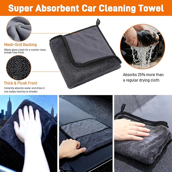 XINDELL Extendable Windshield Cleaner Tool Kit for Car, Interior & Exterior Window Cleaning with Pivot Head, Car Cleaning Microfiber Towels Kit with 3 Reusable Pads, Spray Bottle & 3 Towels (Orange)