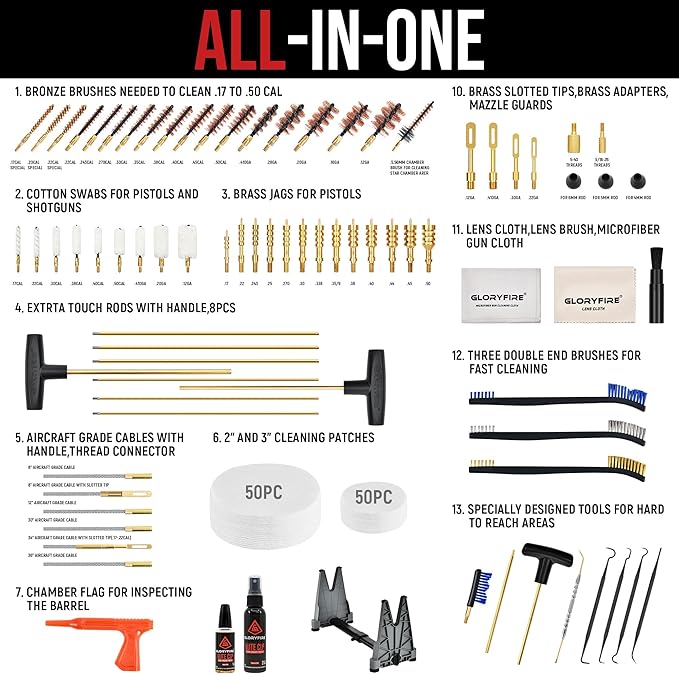 GLORYFIRE Gun Cleaning Kit Handgun Shotgun Pistol Cleaning Kit for All Guns with High-end Brass Brushes, Mops, Jags, Reinforced, Lengthened Rods and Gun Cleaning Snake&Ropes