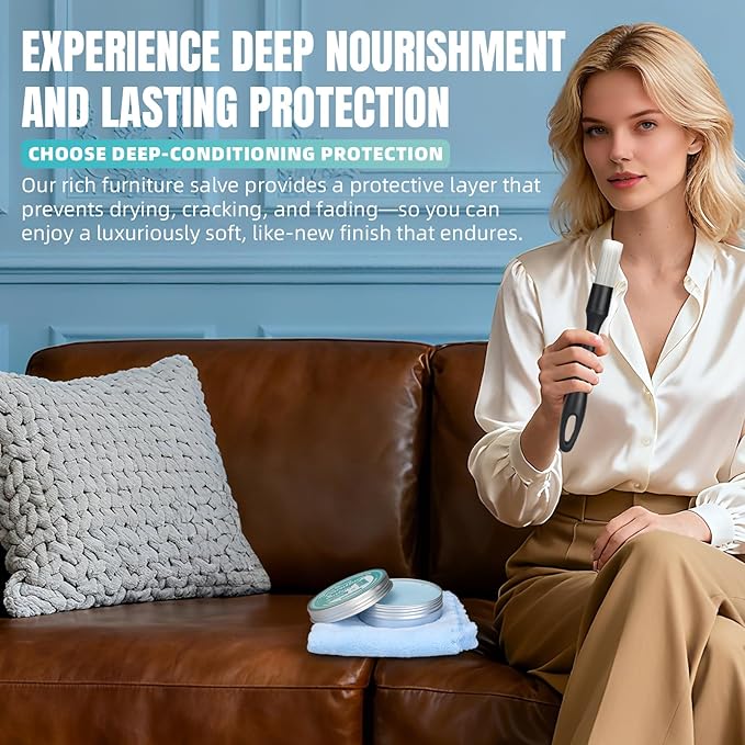 Furniture Salve for Leather - 4oz Professional Furniture Restorer, Polisher & Moisturizer for Couches, Chairs, Tables - Conditioner for Leather, Vinyl & Wood Surfaces - with Brush & Towel