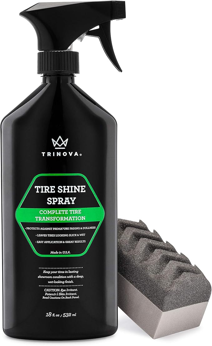 Trinova 33511 Tire Shine Spray No Wipe - Automotive Clear Coat Dressing for Wet & Slick Finish - Keeps Tires Black - with Rubber Protector - Prevents Fading & Yellowing - 18 OZ