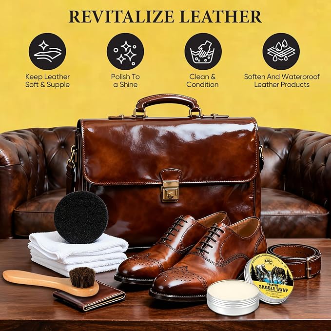 Saddle Soap for Leather 3.52oz,3-in-1 Leather Cleaner & Conditioner to Soften,Protect Leathercraft with Horsehair Brush & Cloth,Leather Soap for Car Interior,Couch,Shoe,Purse,Boot,Bag & Saddle
