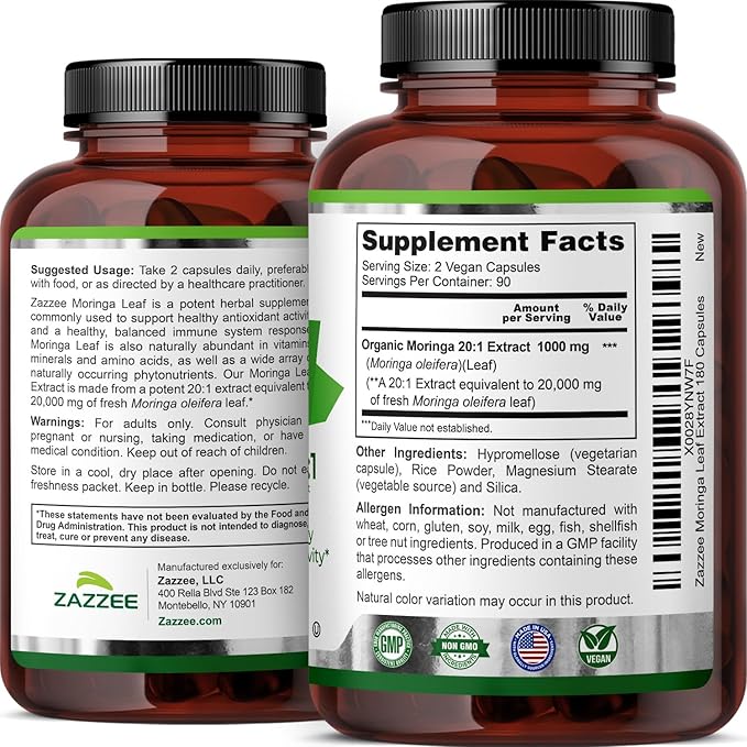 Zazzee Organic Moringa 20:1 Extract, 20,000 mg Strength, 180 Vegan Capsules, 100% Pure Oleifera Leaf Superfood, Concentrated and Standardized 20X Extract, All-Natural, Non-GMO, Made in The USA