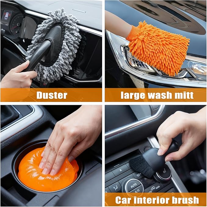 AUTODECO Car Wash Detailing Kit Cleaning Kits with Foam Gun Sprayer, Car Wash Brush and Large Wash Mitt Duster for Car Interior and Exterior Cleaning (Orange)