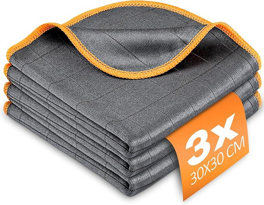 Airlab Carbon Microfiber Towels for Car Glass Window Polishing Cleaning Cloth Auto Detailing Lint Free Streak Free Drying Car Wash Large Towel, Pack of 3, 12" x 12", Grey-Orange