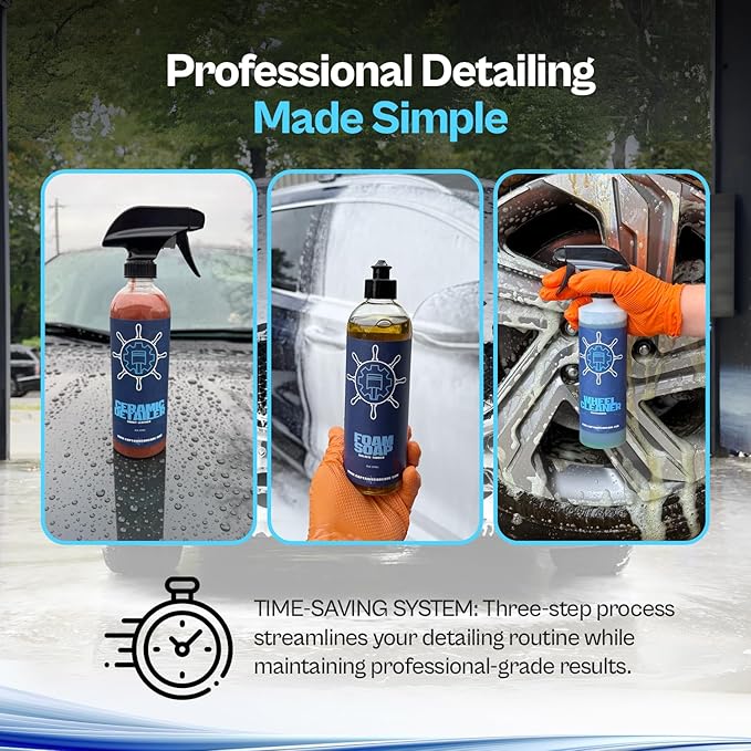 Captain's Car Care Exterior Cleaning Trio Kit, Foam Soap, Ultra HD Wheel Cleaner, 6 Month Ceramic Protection Spray, 3-Step Car Care System, Premium Scented Formulas, for Cleaning and Protection.