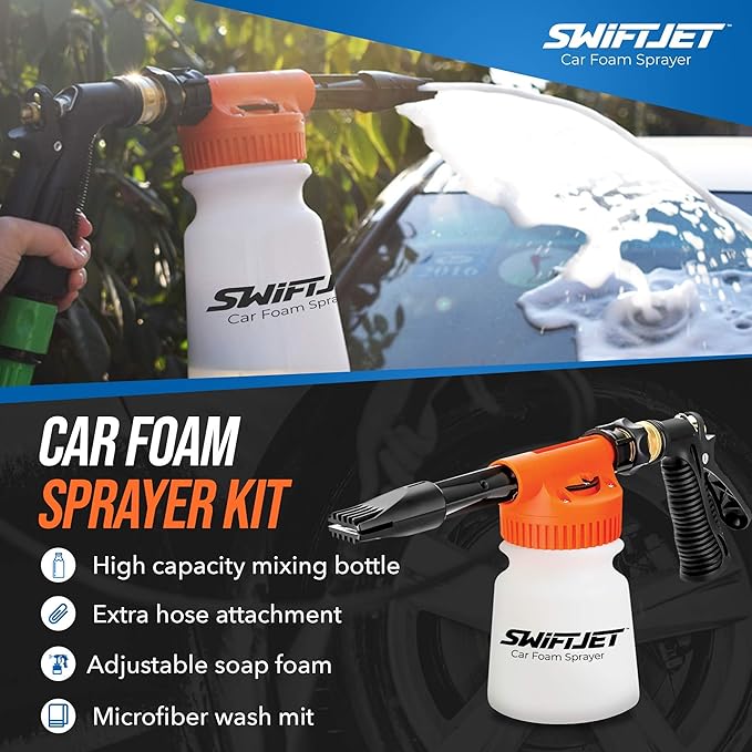 SwiftJet Car Wash Foam Gun + Microfiber Wash Mitt - Foam Cannon Works with Any Soap - Garden Hose Car Foam Sprayer - Car Wash Kit - Car Accessories Foam Blaster (Orange Foam Gun with Mitt)