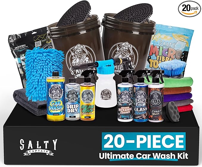 Salty Captain Mega 20-Piece DIY Car Cleaning Kit – All-in-One Car Detailing Kit with 2x Buckets, Towels, Brushes & 6x Cleaning Fluids – Foam Blaster compatible with Garden Hose – Premium Quality