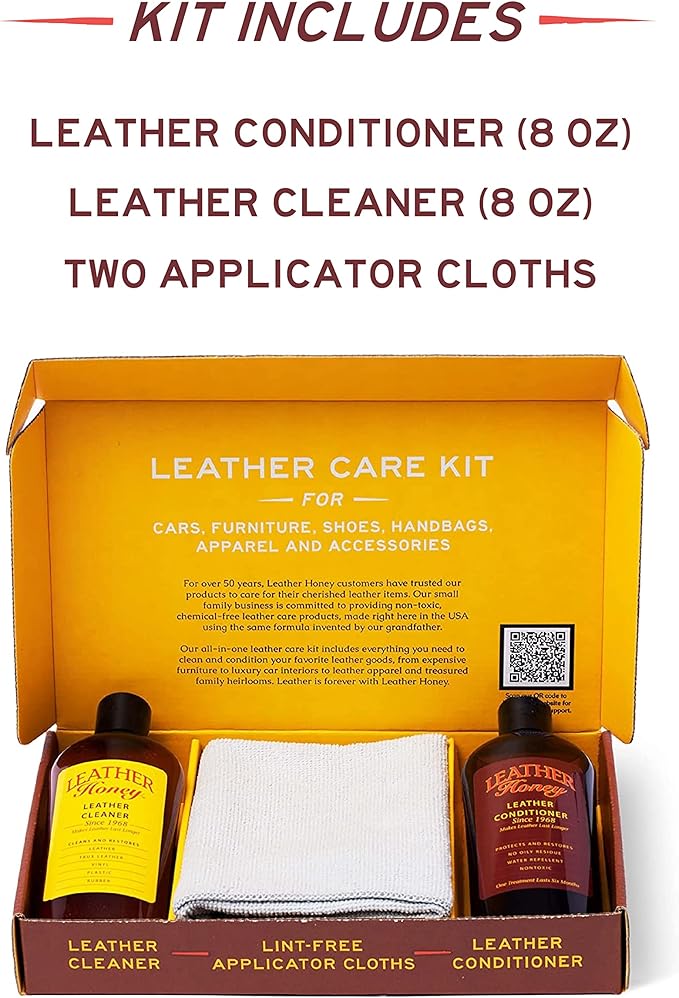 Leather Honey Complete Leather Care Kit: Cleaner, Conditioner, 2 Cloths. Non-Toxic Leather Care Made in The USA Since 1968. Restore Couches, Car Seats & Interior, Jackets, Shoes & Bags. for Any Color